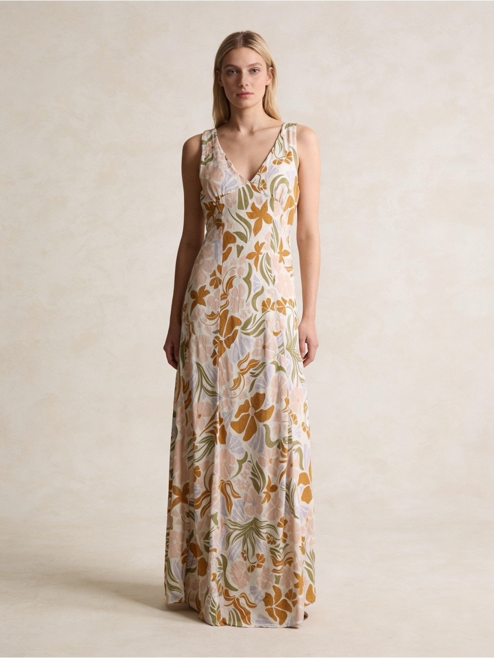 Paper Heart Floral Linen Blend Maxi Dress XS Boho Sleeveless V Neck Cottagecore